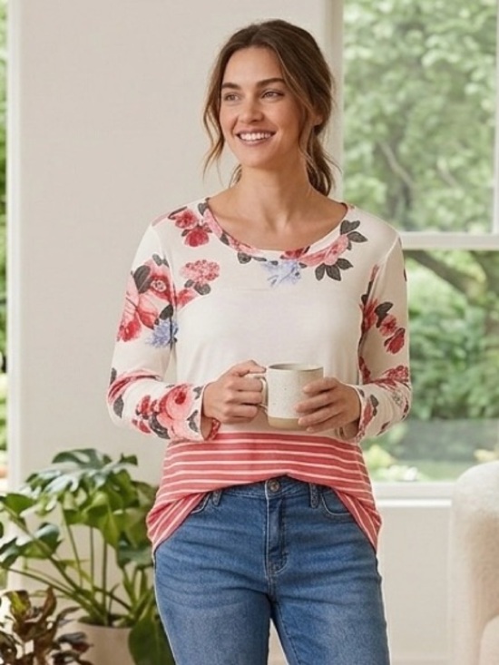 Absolutely Famous Tops - Absolutely Famous Cream Top with Coral Floral Sleeves & Stripe Hem